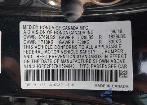 2019 Honda Civic Lx from USA, damaged, VIN 2HGFC2F67KH594840